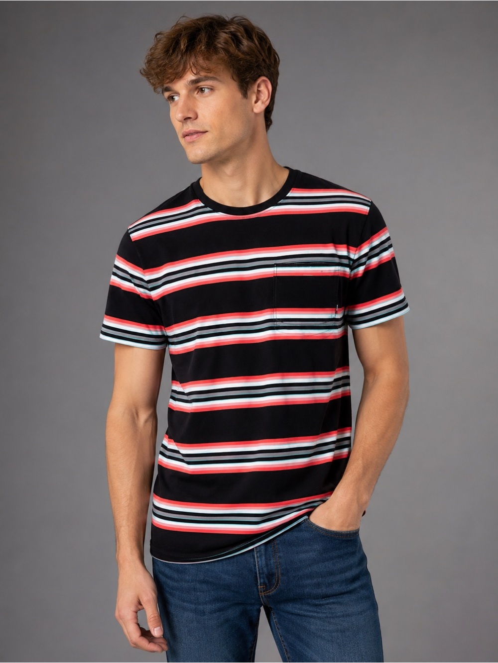 Men's Black Striped Crew Neck T-Shirt with Pocket - Picture 1 of 15